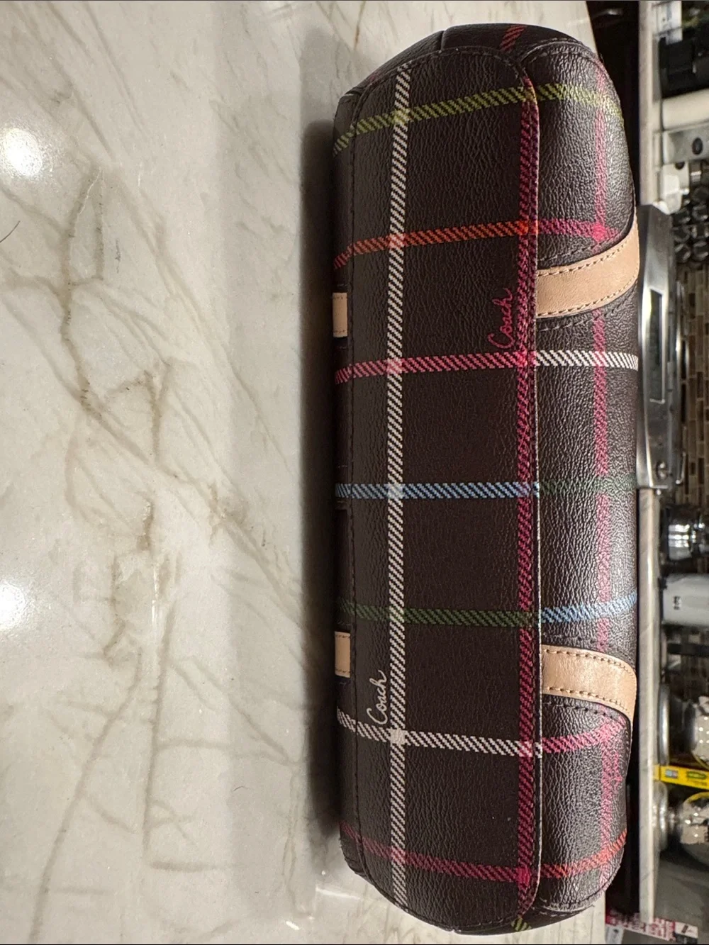 Coach Brown Plaid Tote with Multicolor Check and Tan Trim